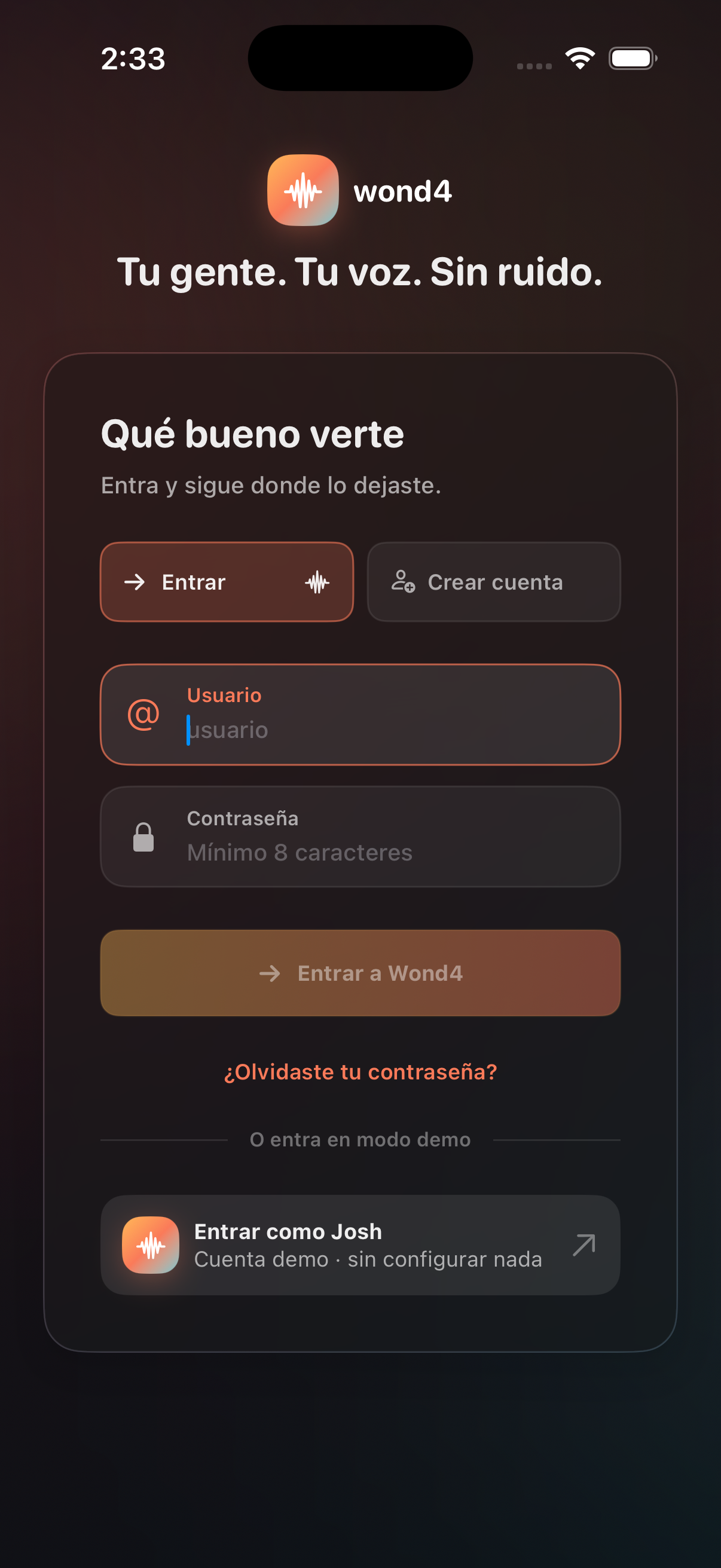 Pantalla de acceso de Wond4 en un iPhone